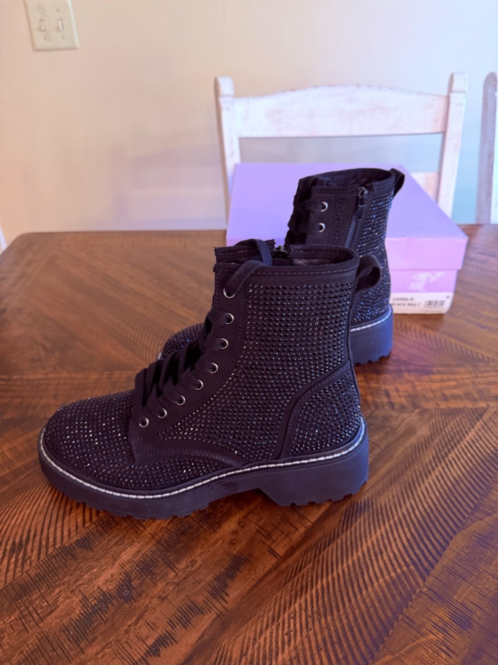 Madden Girl Sparkle Sequin Black Studded Combat Boots Lug Sole — NEW IN BOX - Picture 5 of 12
